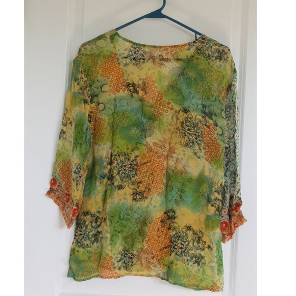 Coldwater Creek Top 100% Silk Blouse Faux Wrap Womens M Orange Green Boho 70's - Picture 2 of 8